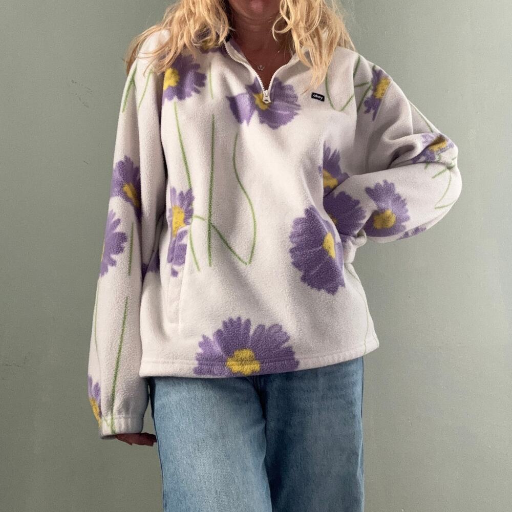 Obey Pollen Cream Mock Neck Fleece Sweatshirt Size Large Purple Skater Pullover